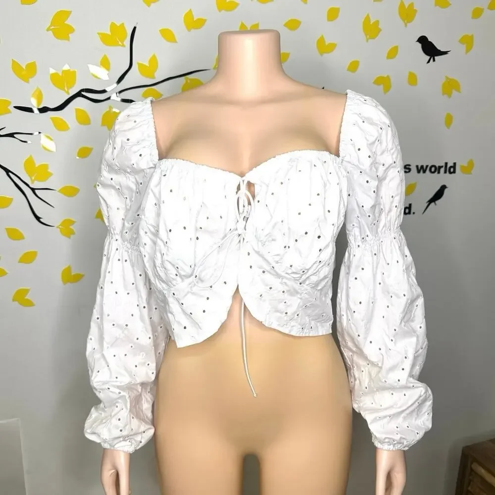 H&M Divided White Eyelet Tie Front Long Sleeve Balloon Top Size XL Blouse - Picture 3 of 10